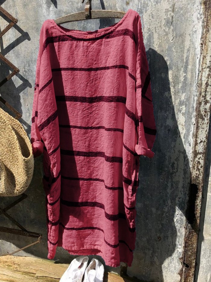 Women Summer Loose Newport Nautical Stripe Soft Linen Dresses