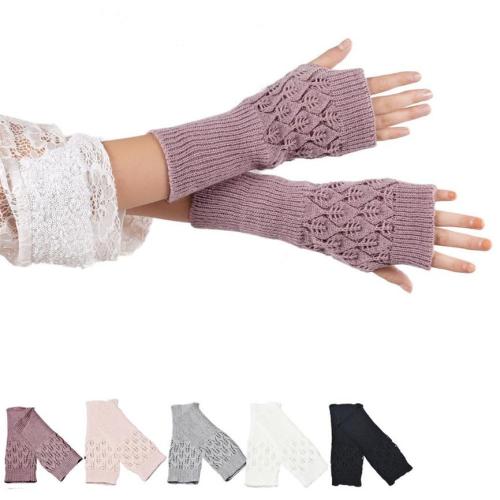 Warm Knitted Fingerless Gloves Hollow Out Leaves  Long Fingerless Knitting Wool Mittens
