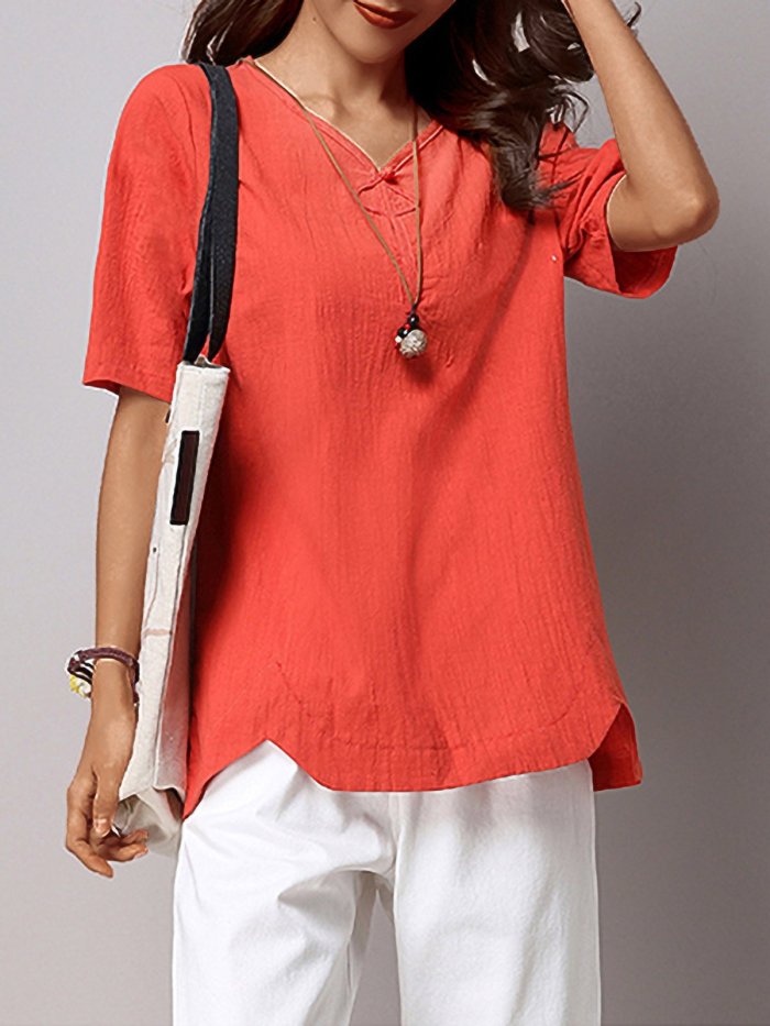 Plus Size Women Short Sleeve V-Neck Solid Casual Tops