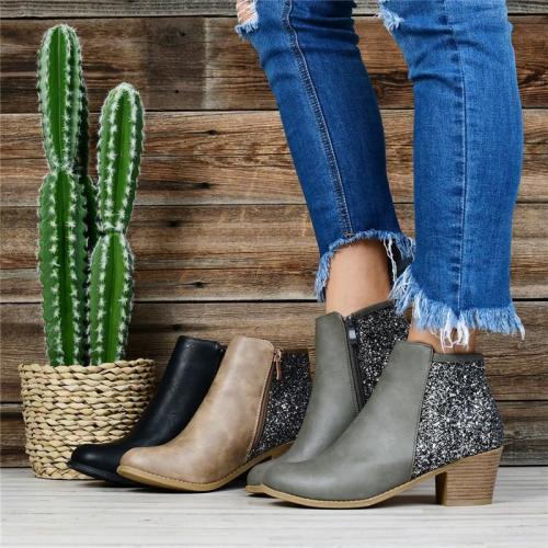Women Sequined Splicing Chunky Heel Side Zipper Ankle Boots