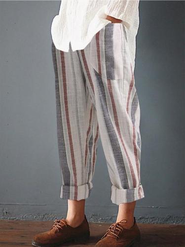 Plus Size Cotton Linen Loose High Waist Stripe Pocket Pant