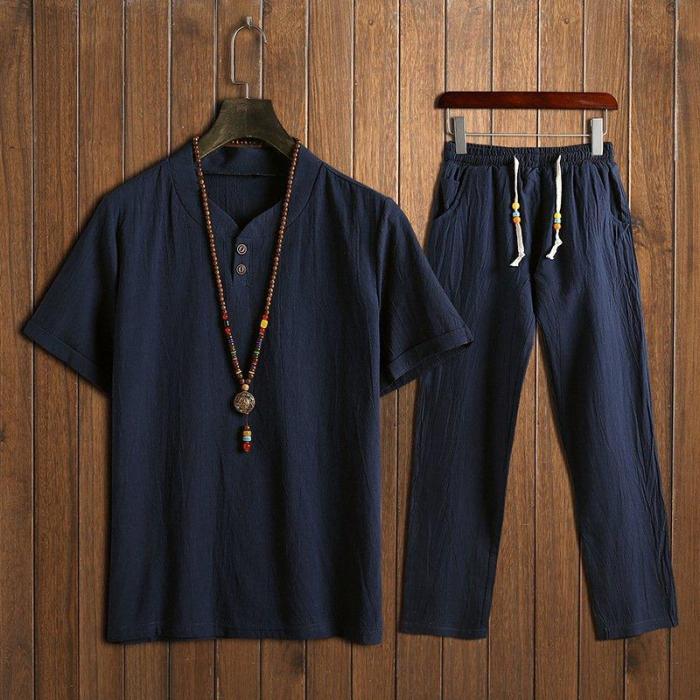 Men's Chinese Style Sets Two Buckle Short-sleeved T-shirt + Trousers Casual Two-piece