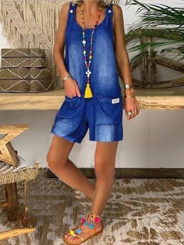 Blue Cotton Casual One-Pieces