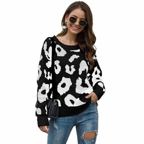 Autumn and Winter Leopard Print Sweater Round Neck Loose Pullover Sweater Sweater Pullover  Women Sweater