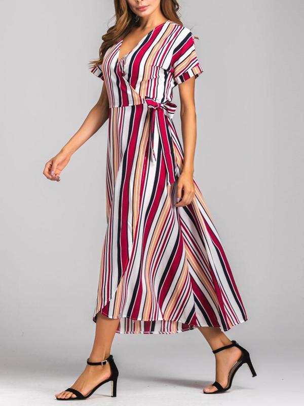 Rainbow Multicolor Stripes Beach Swing V-Neck Maxi Plus Size Dress