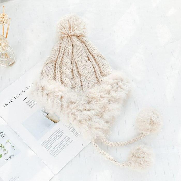 Cute Woolen Cap Women's Autumn and Winter Earmuffs Fur Ball Real Rabbit Fur Knitted Hat