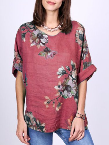 Vintage Floral Printed 3/4 Sleeve Shirt For Women