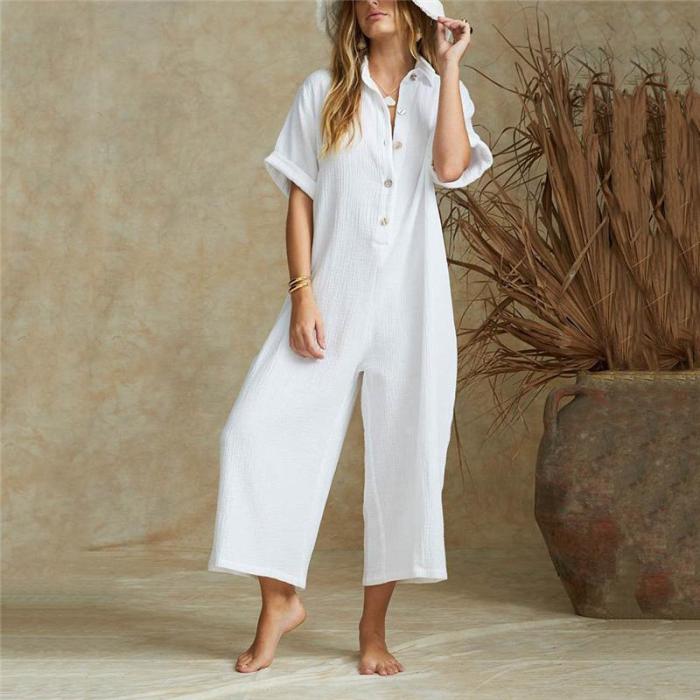 Button Down Collar  Single Breasted  Plain  Short Sleeve Jumpsuit