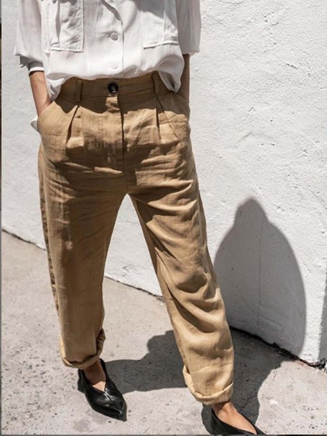 Brown Casual Cotton-Blend Plain Pants