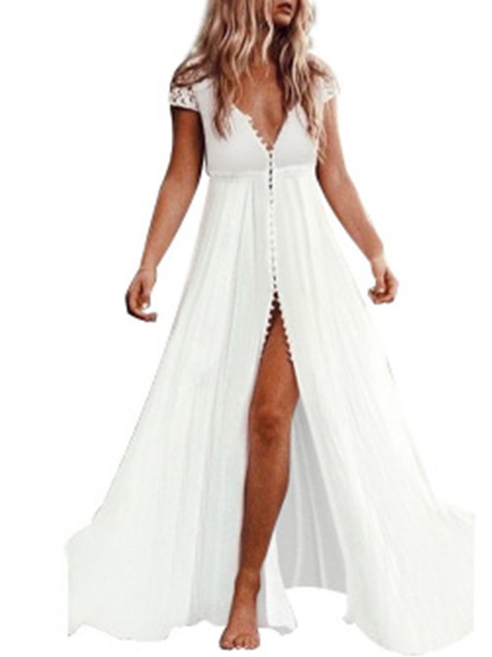 White Sexy Short Sleeve Maxi Dresses