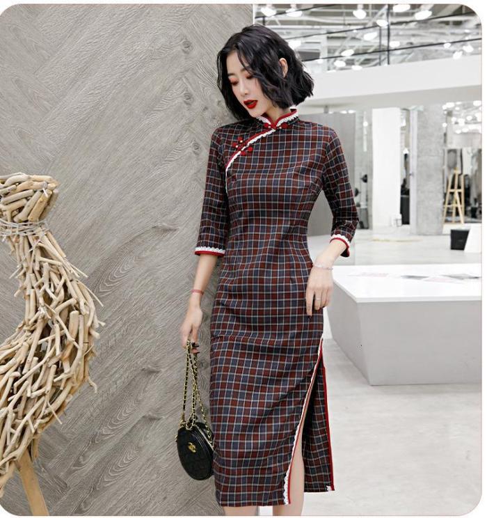 Modern Cotton Plaid Cheongsam Dress
