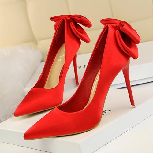 Women New Stiletto Heels Fashion Shallow Mouth Pointed Satin Bow Wedding Pumps Shoes
