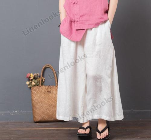Spring Summer Elastic Waist Solid Color Cotton Linen Loose Casual Women Pants Trousers