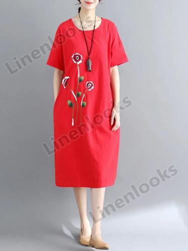 Women Summer Short Sleeve Soft Cotton Linen Embroidery Floral Vintage Plus Size Casual Dress
