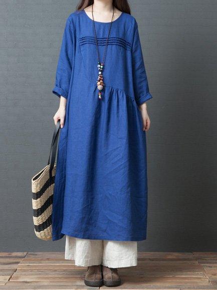 Long Sleeve Women Casual Crew Neck Loose Solid Cotton Long Dress