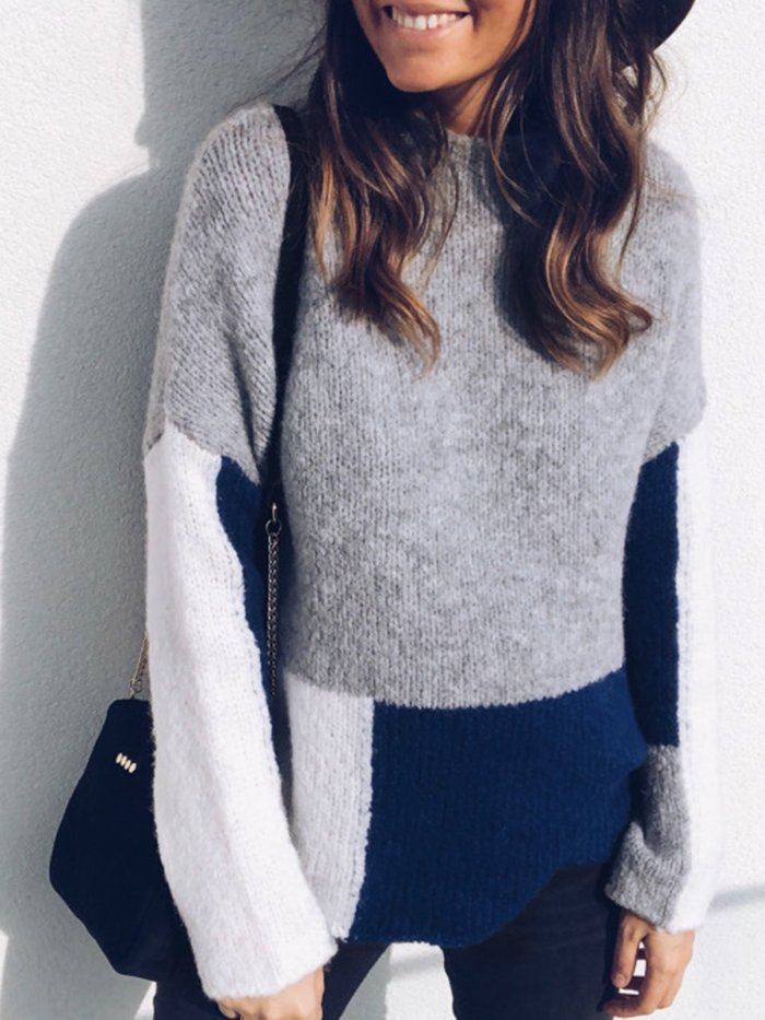 Patchwork Long Sleeve Casual Paneled Sweaters