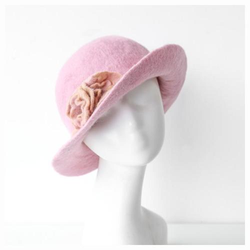 Handmade Wool Felt Pink Hat Autumn/winter Dome Short Eaves Hat.