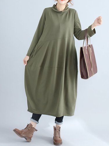 Women Daily Balloon Sleeve Pockets Solid Casual Dress