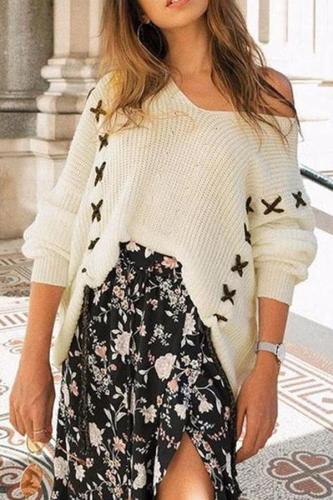 Fashion V Collar Loose Long-Sleeved Sweater Top