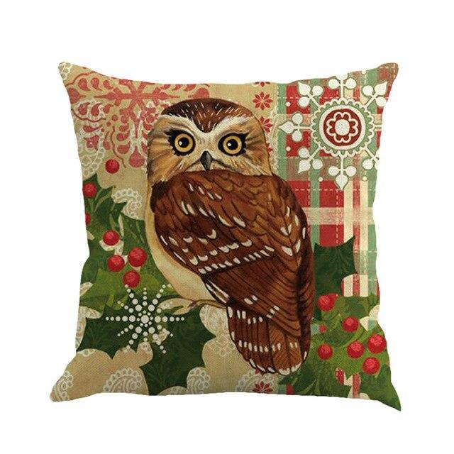 Christmas Linen Pillowcase Cute Cartoon Owl Cushion Cover