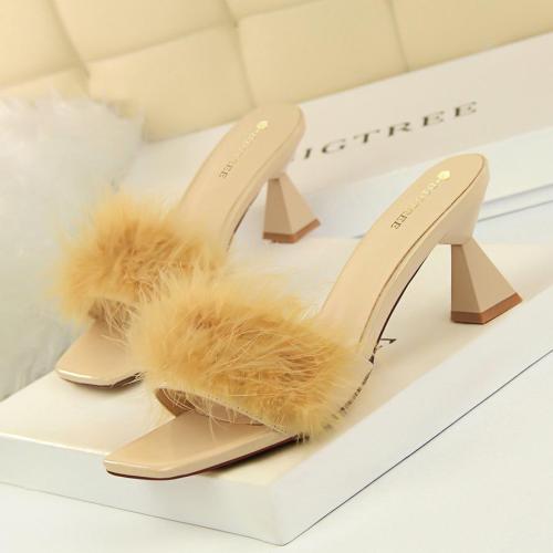 Fashion Slippers Female Thick High Heel Square Open Toe Fluffy Slippers