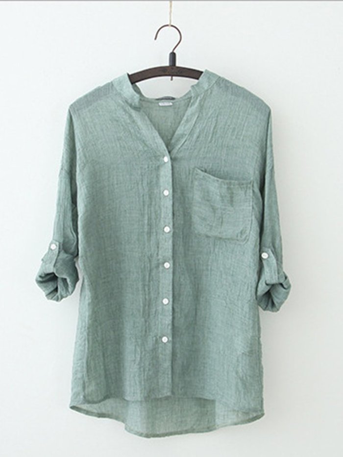 Buttoned Long Sleeve Stand Collar Casual Linen Blouse