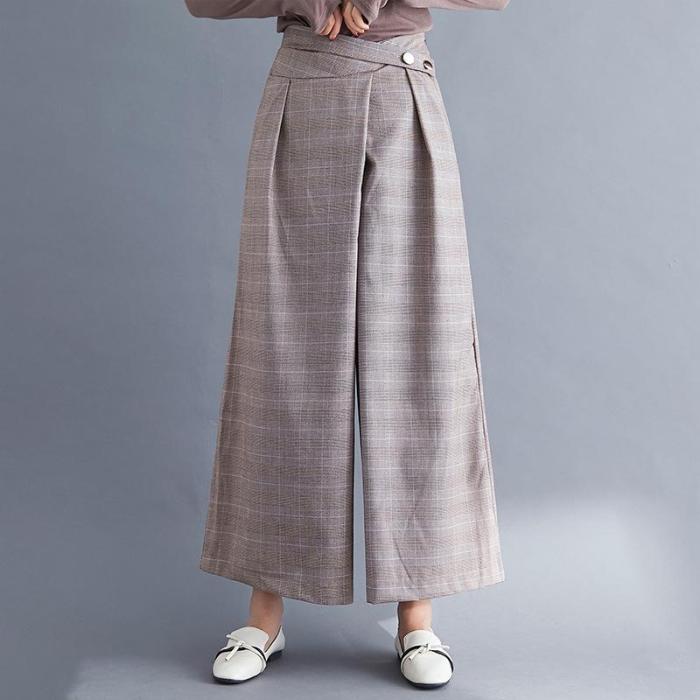 Cotton Linen Vintage Plaid Plus Size High Waist Casual Loose Ladies Trousers Wide Leg Pants