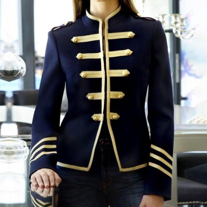 Preppy Style Stand Collar Long Sleeve Pure Colour Blazer