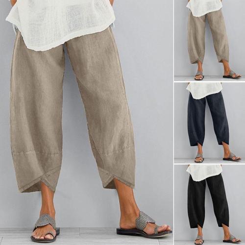 Cropped Pants Linen Pants Women's Autumn Tousers Casual Elastic Waist Asymmetrical Pants