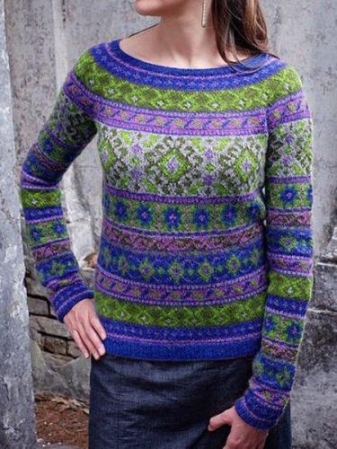 Long Sleeve Tribal Printed Crew Neck Women's Sweaters