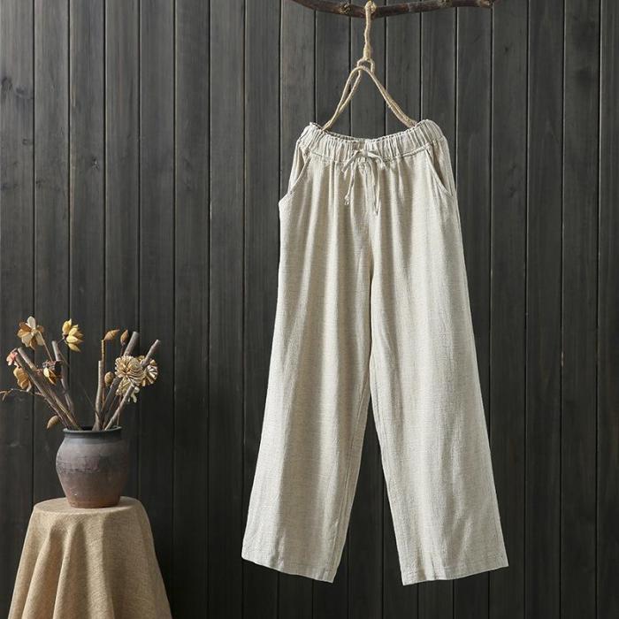 Cotton Linen Loose Drawstring Elastic Casual Trousers