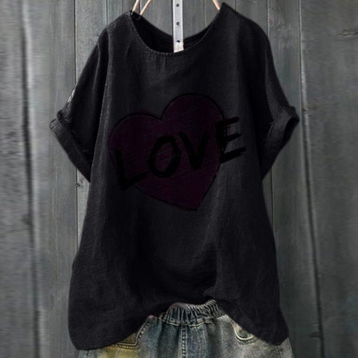 Fashion Blouse Loose Plus Size Casual Heart Letter Printed O-Nock Short Sleeve Shirts Tops