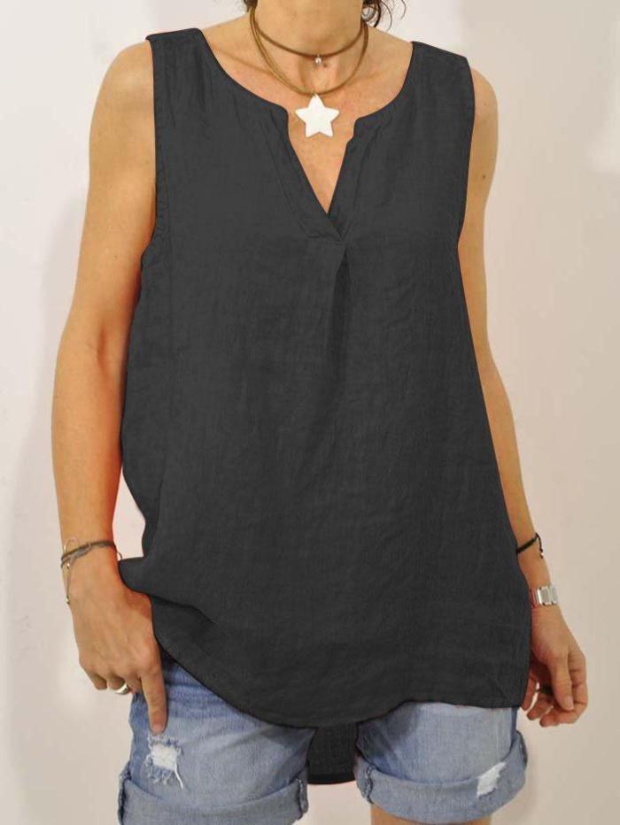 Plus Size Casual Sleeveless V Neck Solid Tops