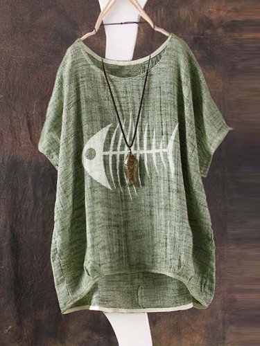 Round Neck Casual Animal Cotton Shirts & Tops