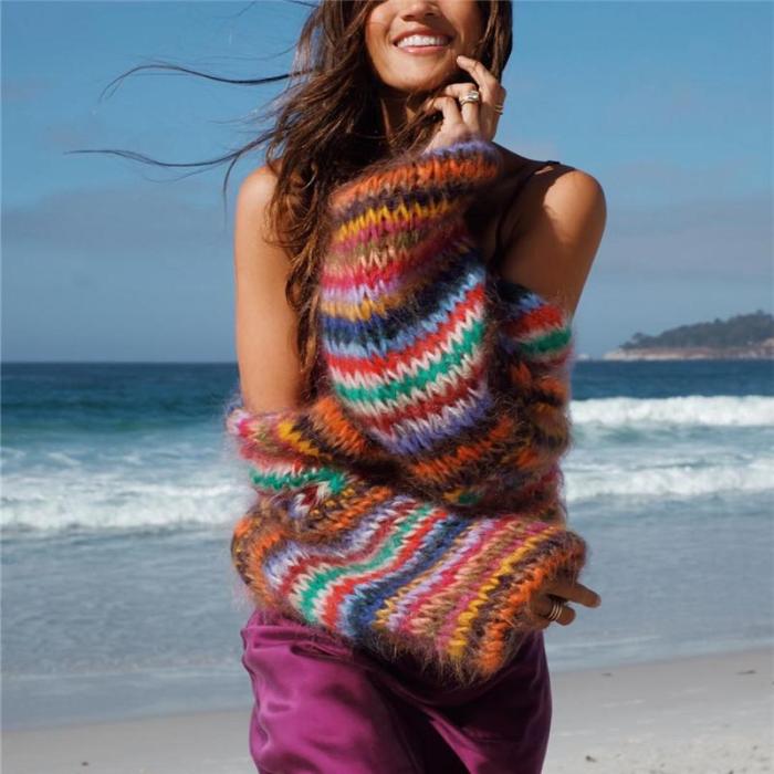 Casual Vacation Rainbow Pop Printed Knit Sweater Cardigan