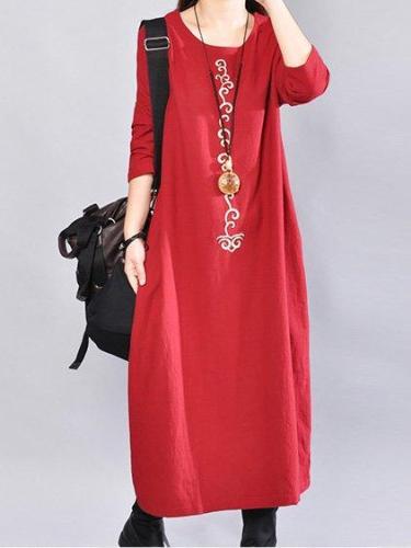 Women Solid Crew Neck Casual Loose Cotton Embroider Dress