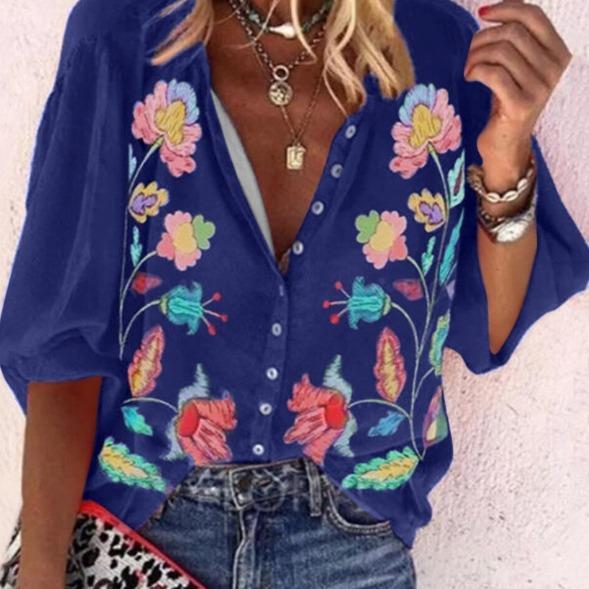 New Fashion Blouse Autumn Plus Size Loose Casual Long Sleeve With Buttons Floral Print Shirts Tops