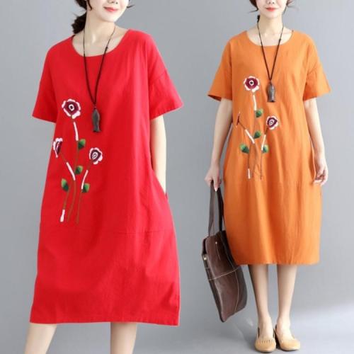 Women Summer Short Sleeve Soft Cotton Linen Embroidery Floral Vintage Plus Size Casual Dress