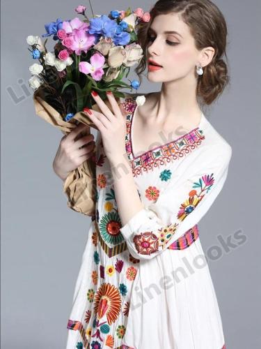 Vintage Embroidery Linen Cotton Loose 3/4 Sleeve V-neck Boho Summer Maxi Dresses