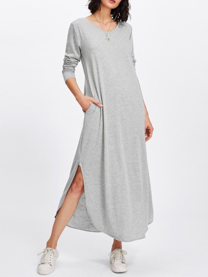 Gray Casual Solid Crew Neck Slit Maxi Dress