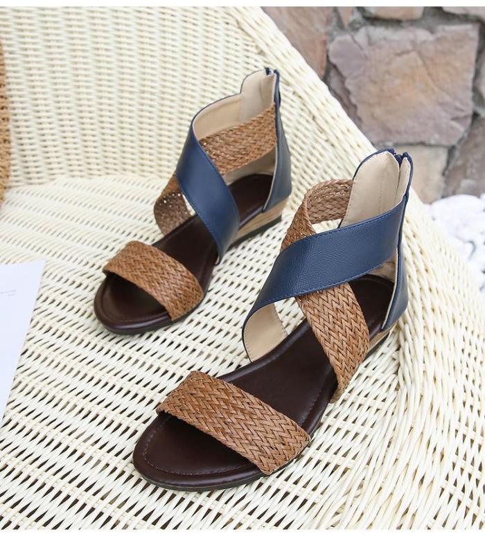 Fashion Straw Summer Vintage Zipper Soft Sole Women Sandals