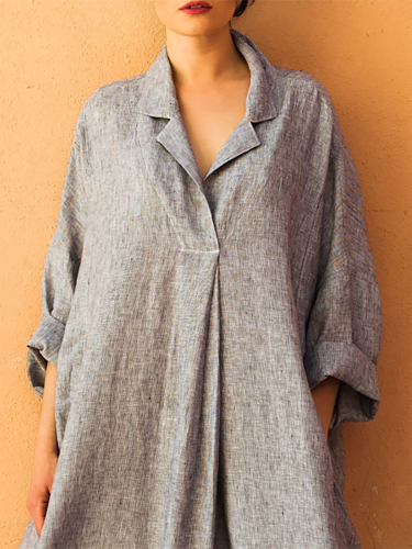 Paneled Cotton Basic Long Sleeve A-line Midi Dress