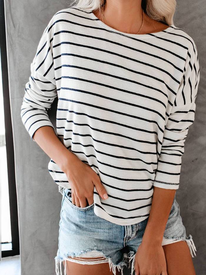 White Stripes Casual Crew Neck Shirts & Tops