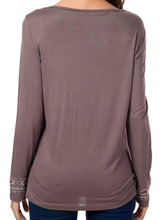 Basic V neck Embroidered Plus Size Cotton-blend T-Shirt