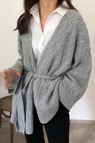 Fashion Loose Pure Colour Belted Sweater Cardigan