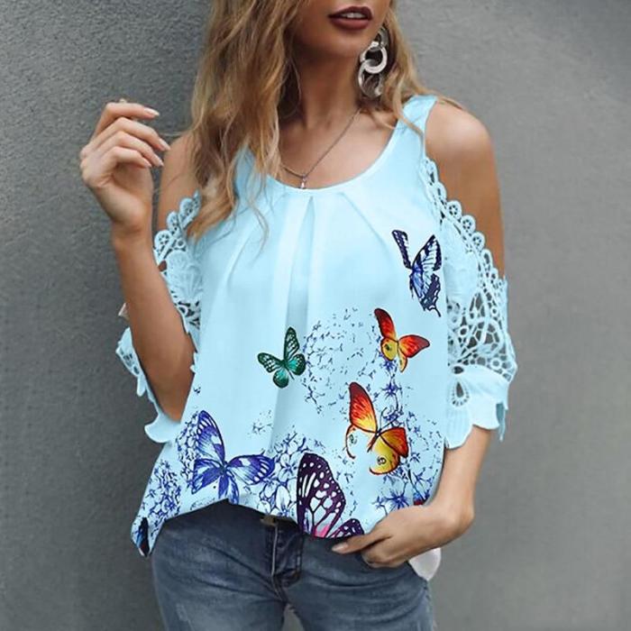 5XL Sexy Hollow Out Butterfly Print O Neck Basic Tops Shirt Pullover