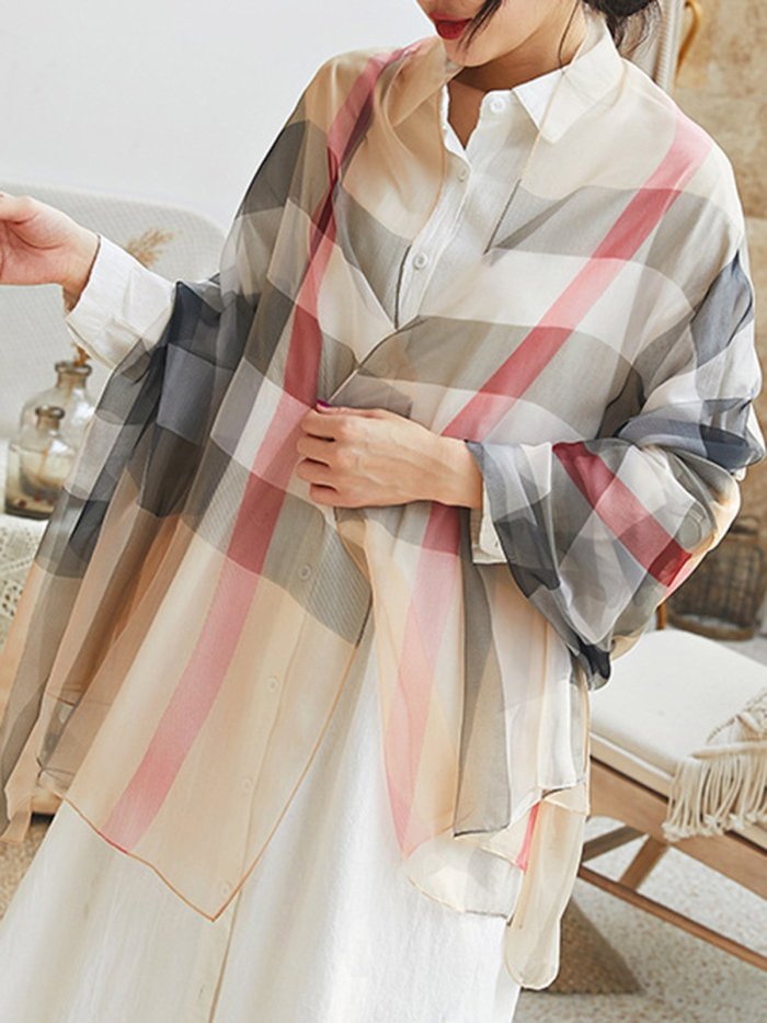 Khaki Checkered/plaid Printed Silk-Blend Scarves