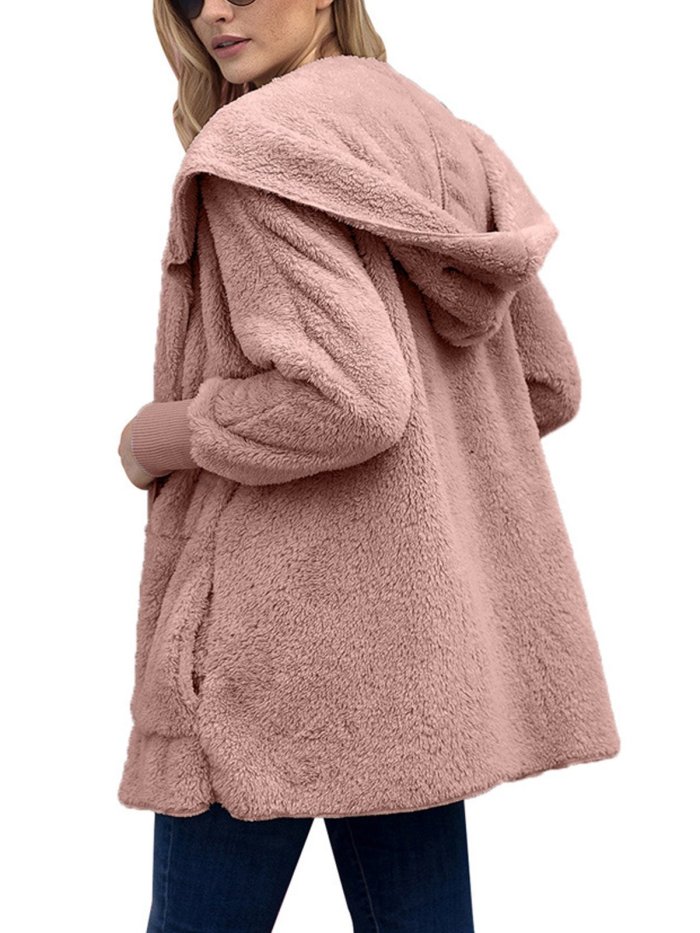 Multicolor Hoodie Solid Wool Pocket Loose Women Coat
