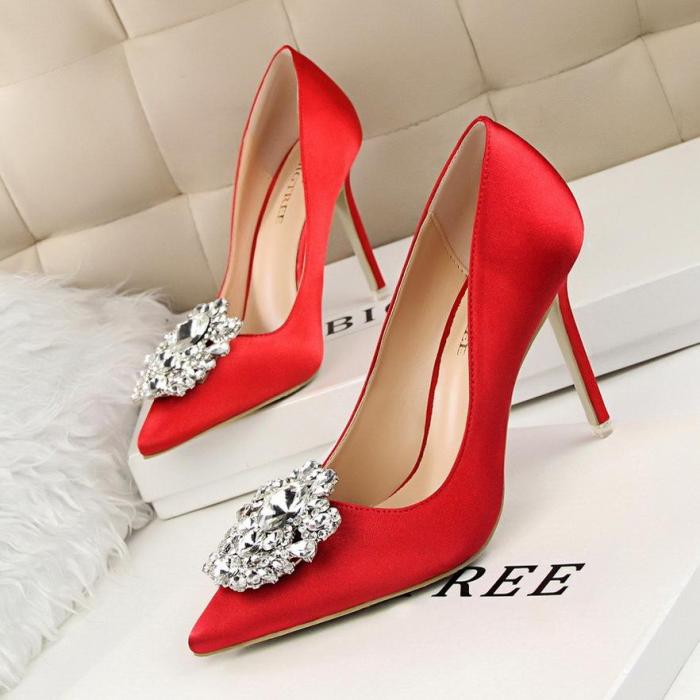 Sexy Pointed Toe Pumps Crystal Silk Shallow Women's Wedding High Heels Shoes