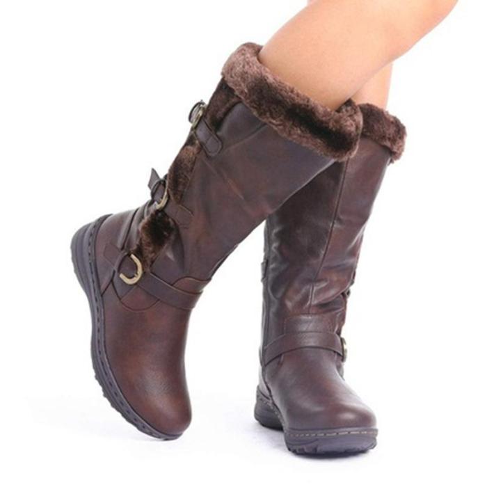 Women Round Toe Snow Boots Pu Casual Chunky Heel Shoes